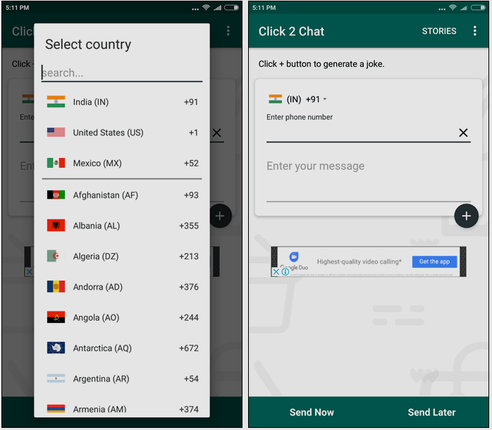 How to send whatsapp message without adding contact in android