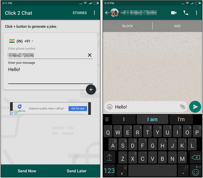 How to send whatsapp message without adding contact in android